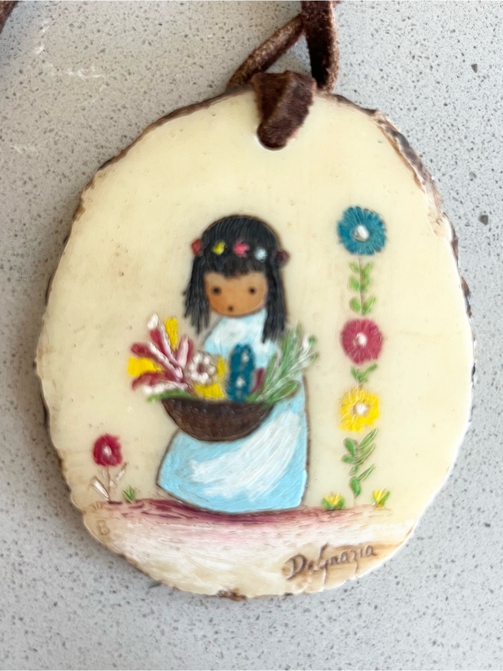 Vintage DeGrazia Original Hand Painted‎ "Flower Girl” Pendant Necklace Leather
